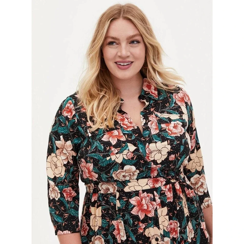 Torrid Floral Button Midi Challis Shirt Dress Black Plus Size 3 3X H14301 - Picture 5 of 16